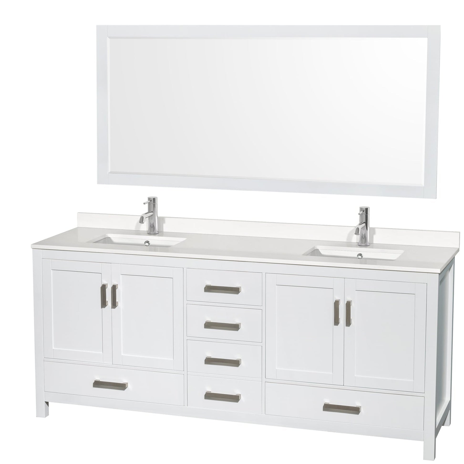 Wyndham Collection Sheffield 80" Double Bathroom Vanity in White, White Quartz Countertop, Undermount Square Sinks, 70" Mirror
