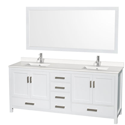 Wyndham Collection Sheffield 80" Double Bathroom Vanity in White, White Quartz Countertop, Undermount Square Sinks, 70" Mirror