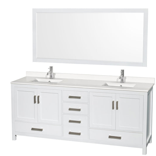 Wyndham Collection Sheffield 80" Double Bathroom Vanity in White, White Quartz Countertop, Undermount Square Sinks, 70" Mirror