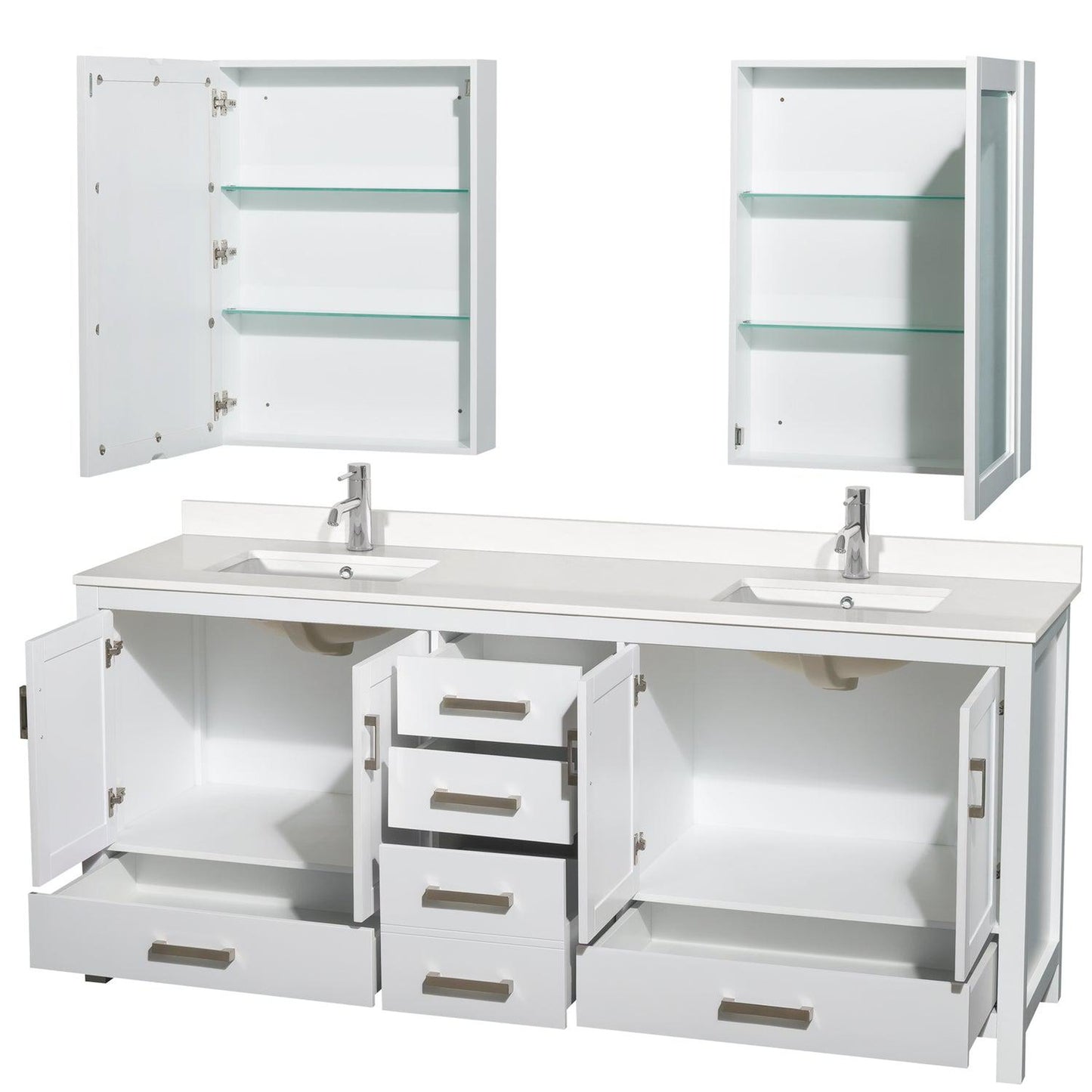 Wyndham Collection Sheffield 80" Double Bathroom Vanity in White, White Quartz Countertop, Undermount Square Sinks, Medicine Cabinet