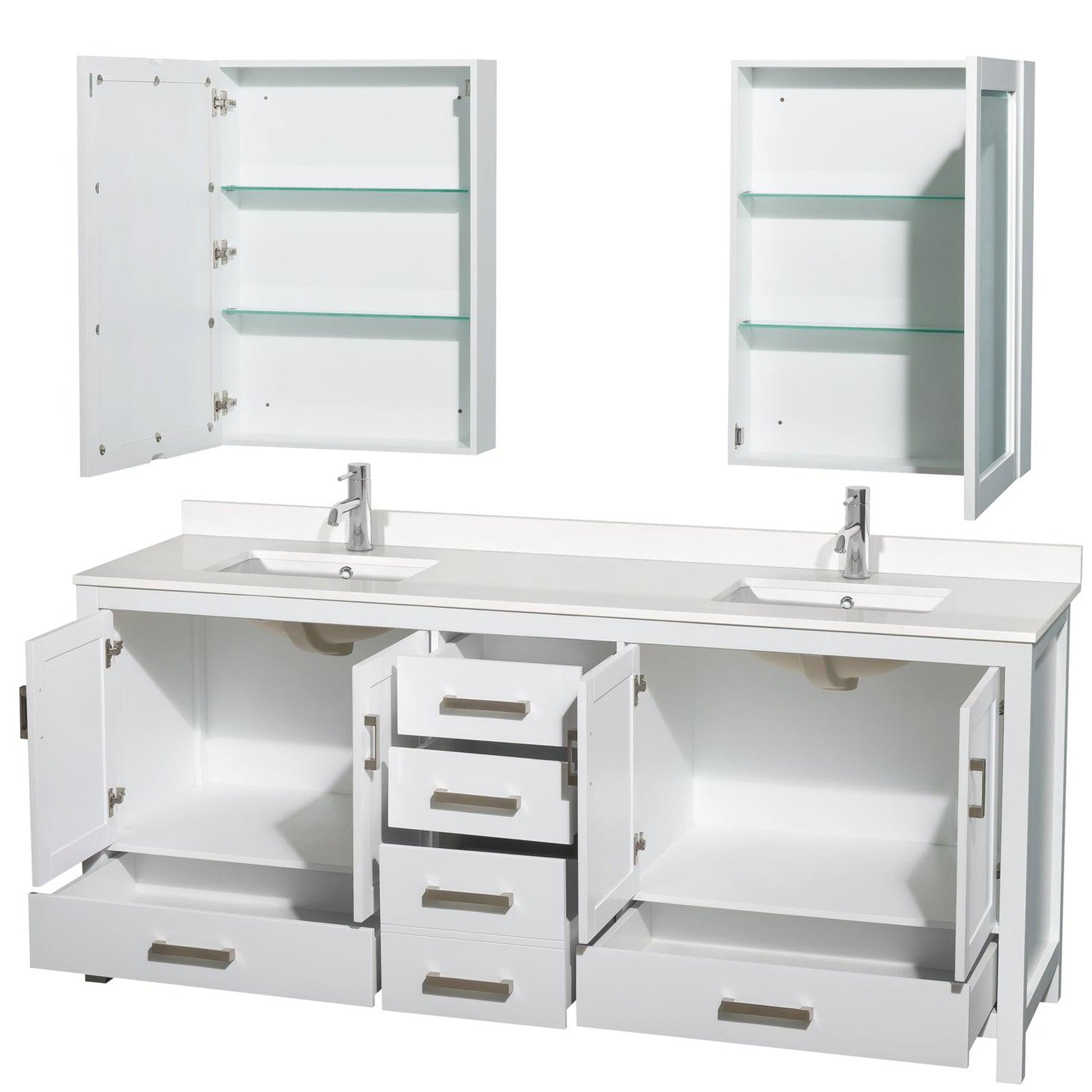 Wyndham Collection Sheffield 80" Double Bathroom Vanity in White, White Quartz Countertop, Undermount Square Sinks, Medicine Cabinet
