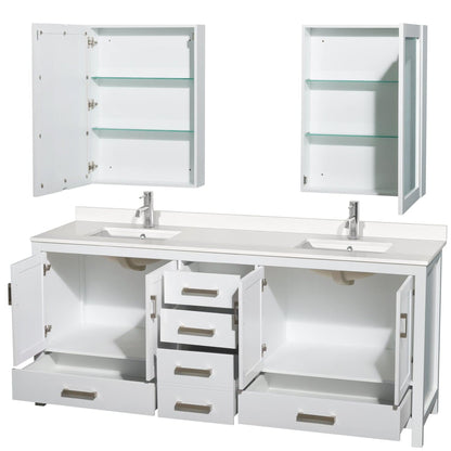 Wyndham Collection Sheffield 80" Double Bathroom Vanity in White, White Quartz Countertop, Undermount Square Sinks, Medicine Cabinet