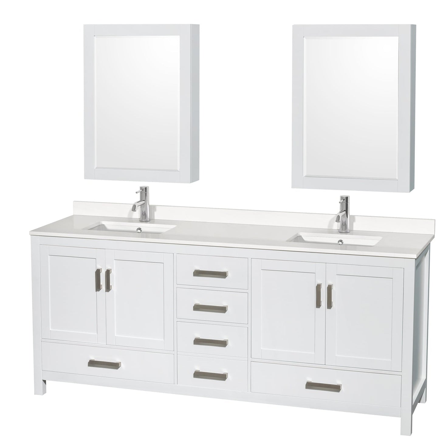 Wyndham Collection Sheffield 80" Double Bathroom Vanity in White, White Quartz Countertop, Undermount Square Sinks, Medicine Cabinet