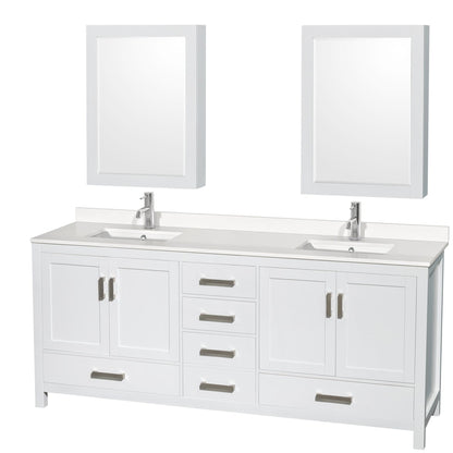 Wyndham Collection Sheffield 80" Double Bathroom Vanity in White, White Quartz Countertop, Undermount Square Sinks, Medicine Cabinet