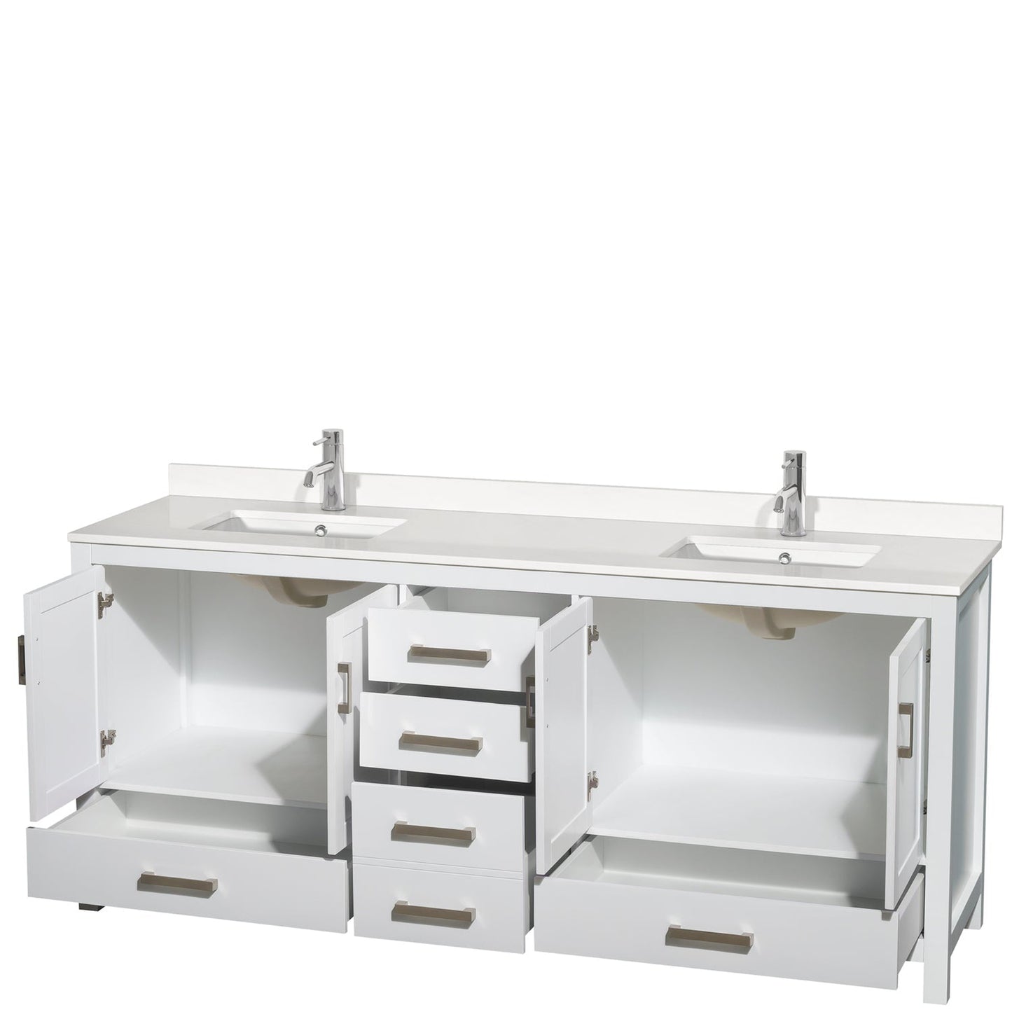 Wyndham Collection Sheffield 80" Double Bathroom Vanity in White, White Quartz Countertop, Undermount Square Sinks, No Mirror