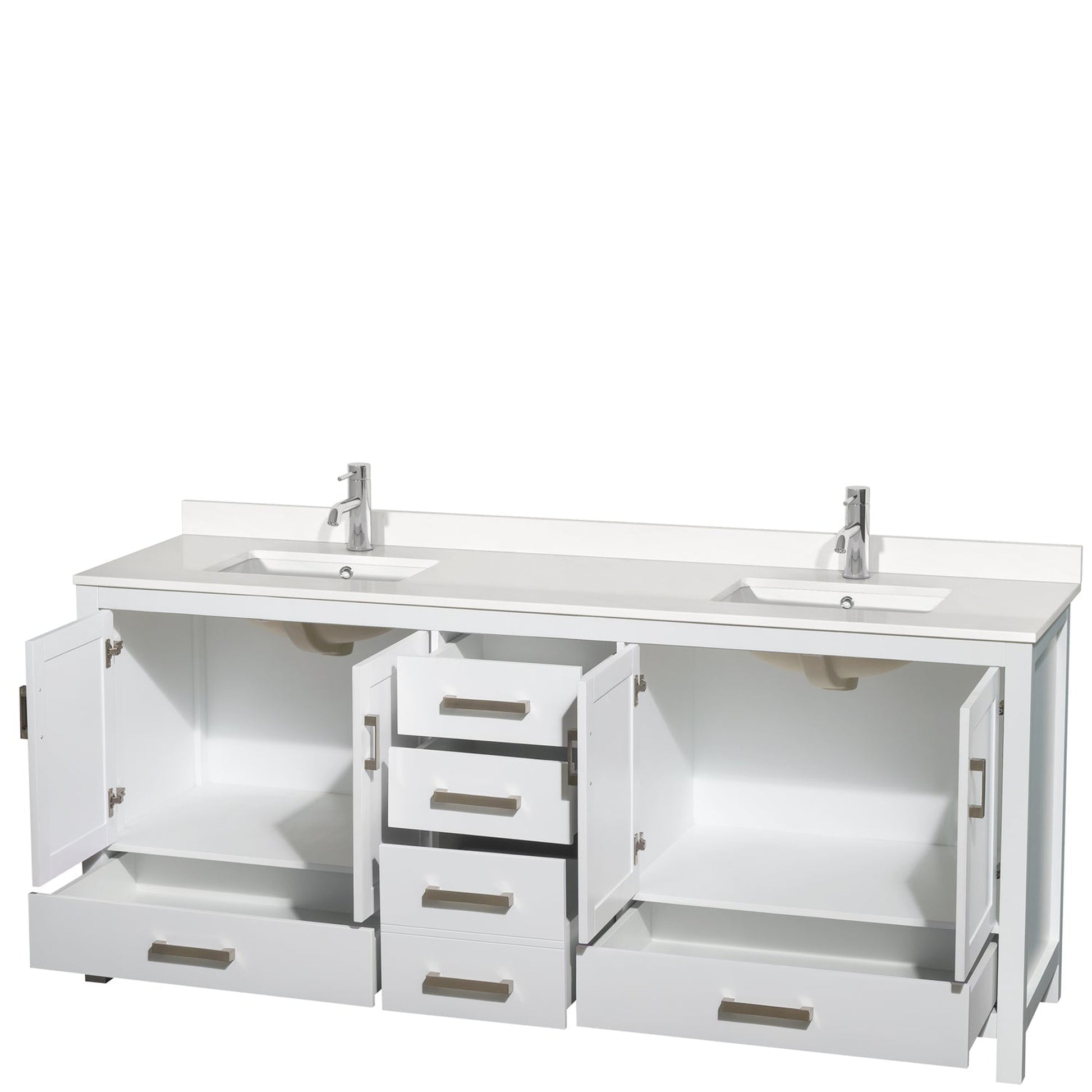 Wyndham Collection Sheffield 80" Double Bathroom Vanity in White, White Quartz Countertop, Undermount Square Sinks, No Mirror