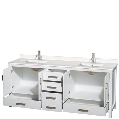 Wyndham Collection Sheffield 80" Double Bathroom Vanity in White, White Quartz Countertop, Undermount Square Sinks, No Mirror