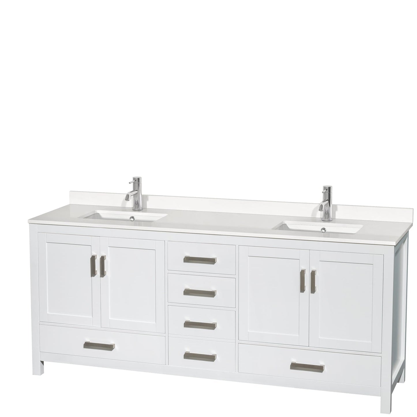 Wyndham Collection Sheffield 80" Double Bathroom Vanity in White, White Quartz Countertop, Undermount Square Sinks, No Mirror