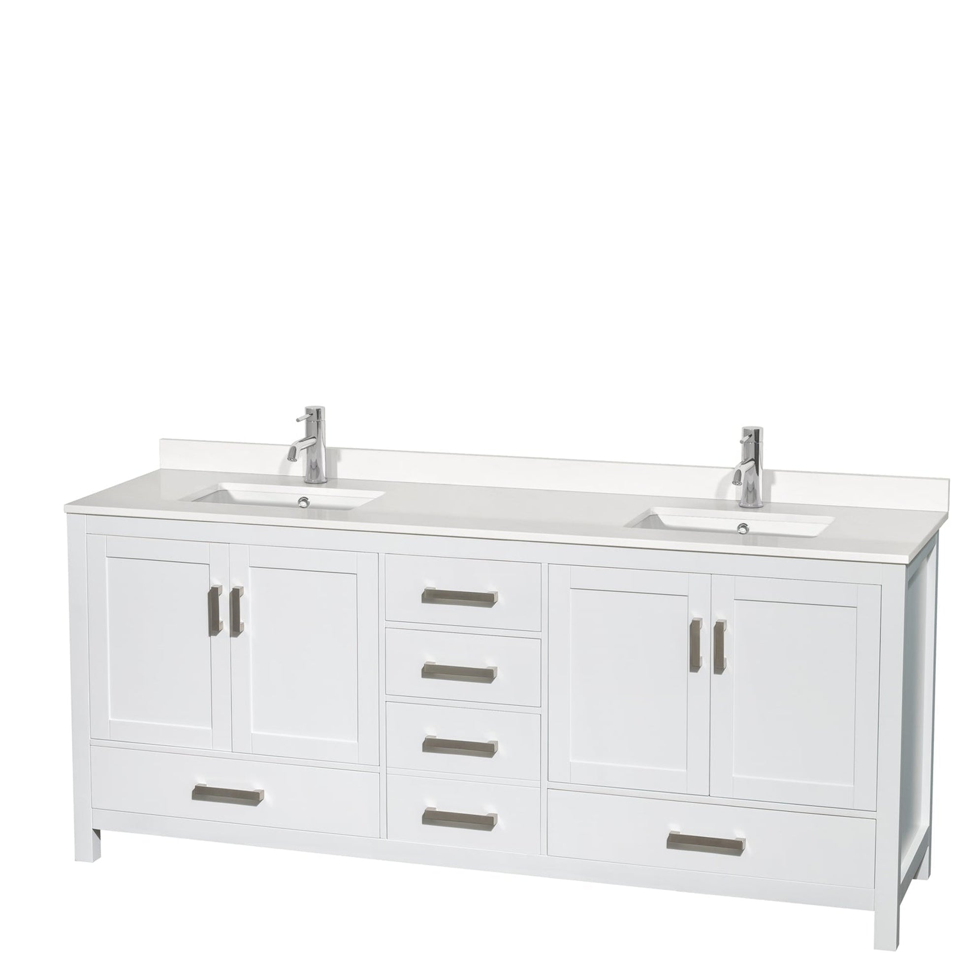 Wyndham Collection Sheffield 80" Double Bathroom Vanity in White, White Quartz Countertop, Undermount Square Sinks, No Mirror