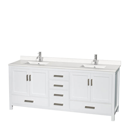 Wyndham Collection Sheffield 80" Double Bathroom Vanity in White, White Quartz Countertop, Undermount Square Sinks, No Mirror