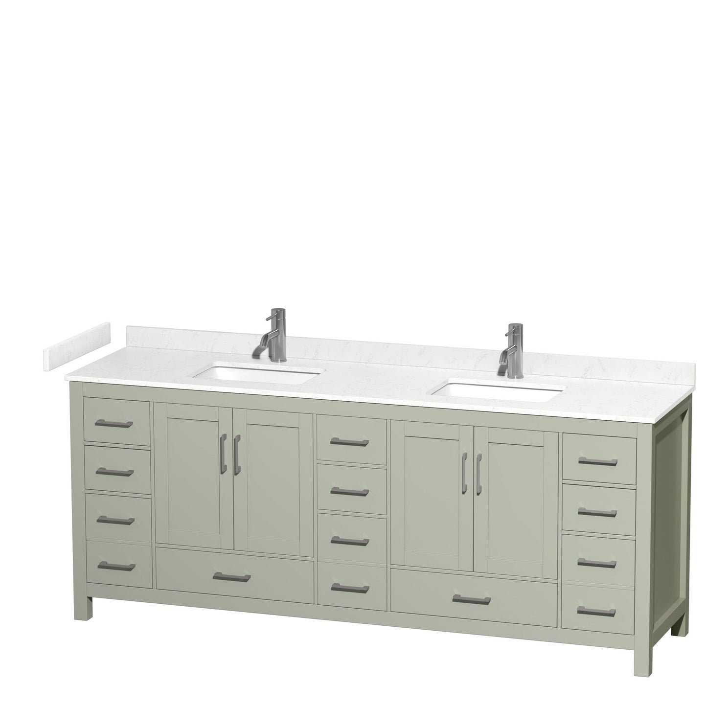 Wyndham Collection Sheffield 84" Double Bathroom Vanity in Light Green, Carrara Cultured Marble Countertop, Undermount Square Sinks, Brushed Nickel Trim