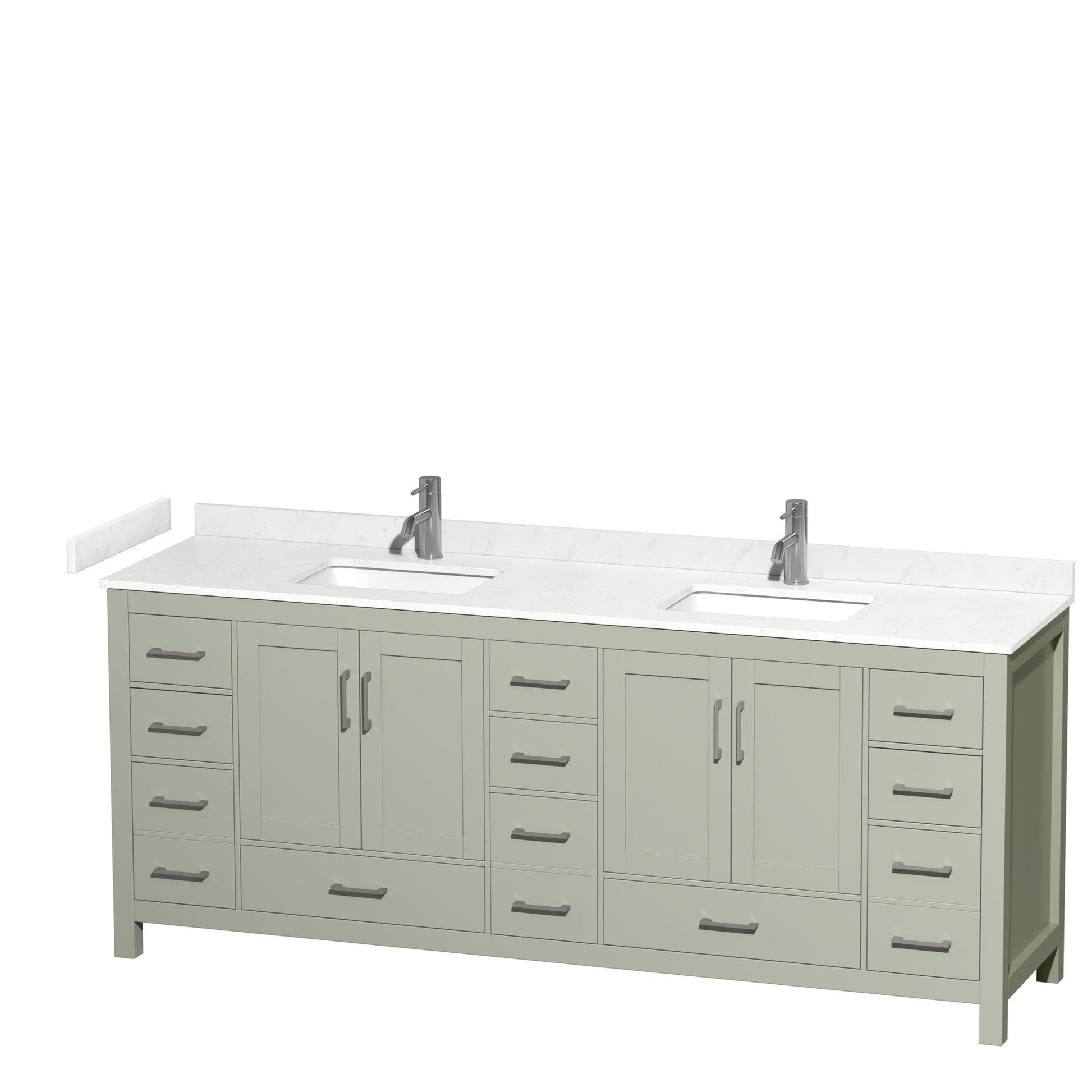 Wyndham Collection Sheffield 84" Double Bathroom Vanity in Light Green, Carrara Cultured Marble Countertop, Undermount Square Sinks, Brushed Nickel Trim