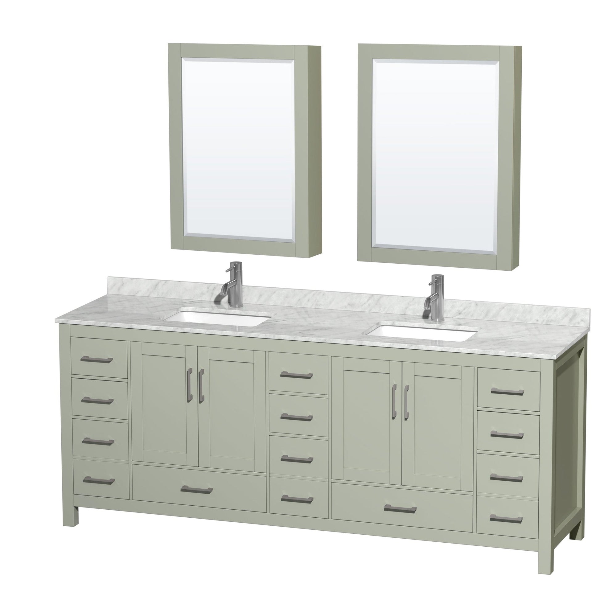 Wyndham Collection Sheffield 84" Double Bathroom Vanity in Light Green, White Carrara Marble Countertop, Undermount Square Sinks, Brushed Nickel Trim, Medicine Cabinets