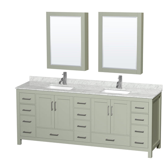 Wyndham Collection Sheffield 84" Double Bathroom Vanity in Light Green, White Carrara Marble Countertop, Undermount Square Sinks, Brushed Nickel Trim, Medicine Cabinets