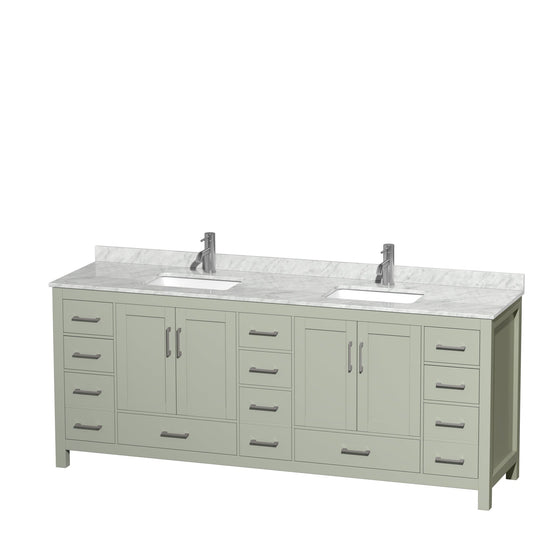 Wyndham Collection Sheffield 84" Double Bathroom Vanity in Light Green, White Carrara Marble Countertop, Undermount Square Sinks, Brushed Nickel Trim