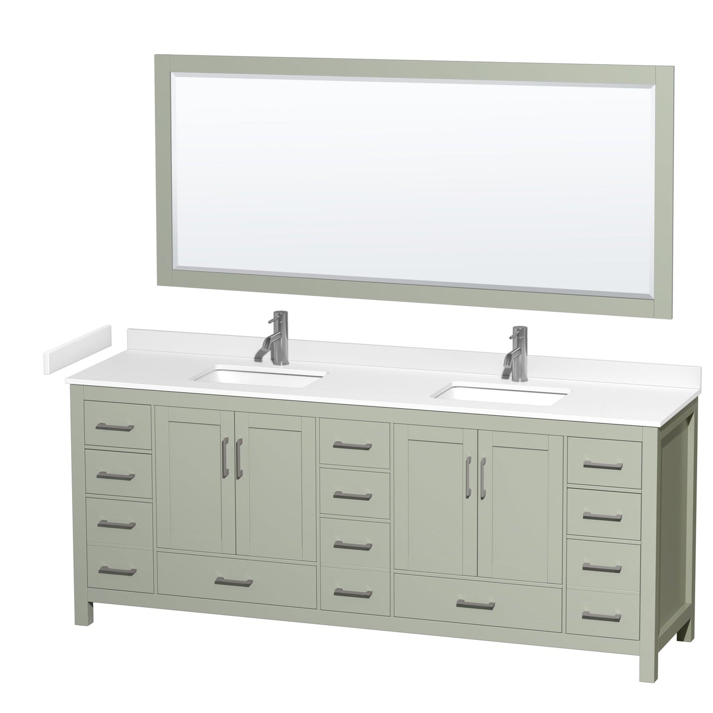 Wyndham Collection Sheffield 84" Double Bathroom Vanity in Light Green, White Cultured Marble Countertop, Undermount Square Sinks, Brushed Nickel Trim, 70" Mirror