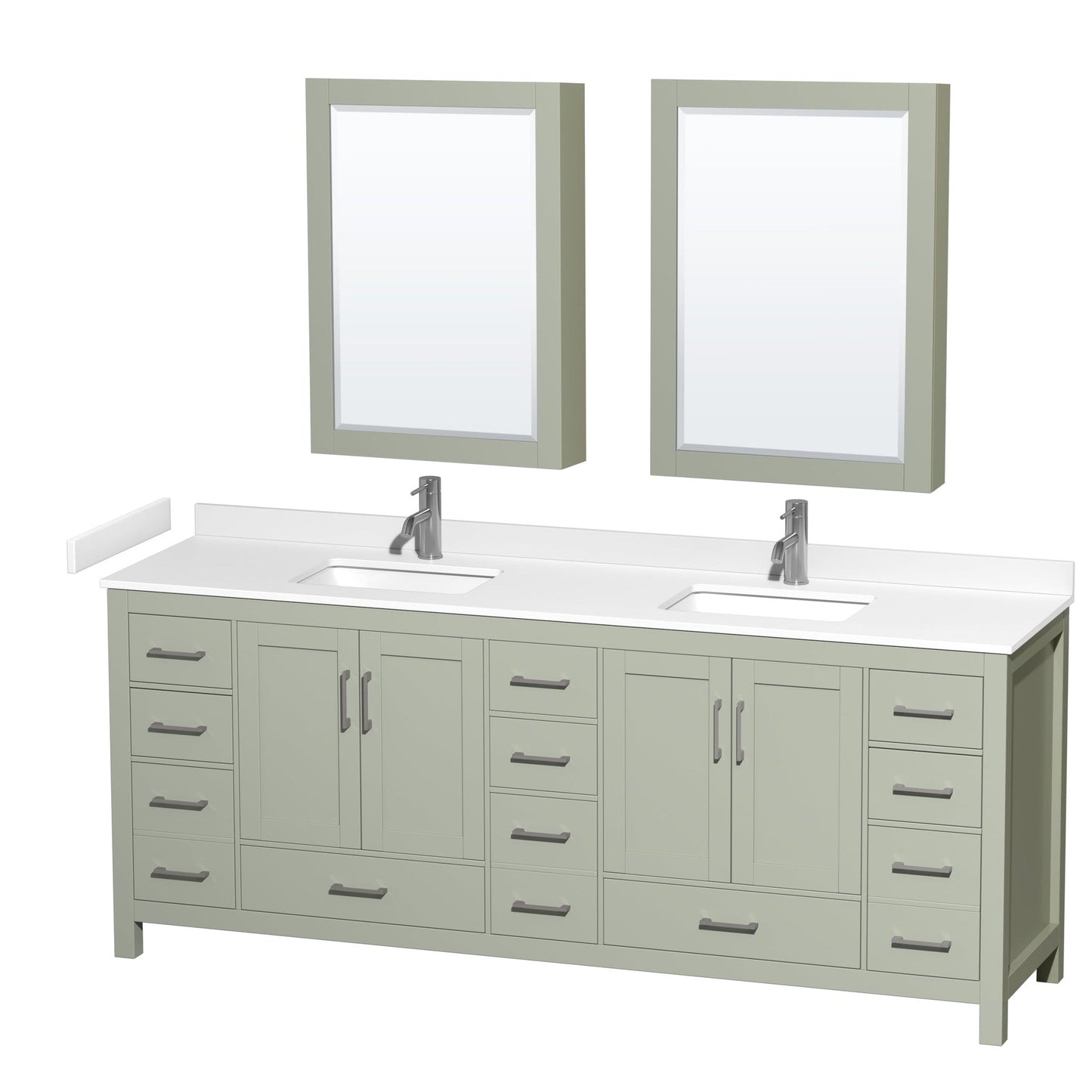 Wyndham Collection Sheffield 84" Double Bathroom Vanity in Light Green, White Cultured Marble Countertop, Undermount Square Sinks, Brushed Nickel Trim, Medicine Cabinets