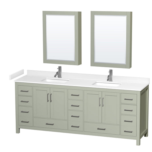 Wyndham Collection Sheffield 84" Double Bathroom Vanity in Light Green, White Cultured Marble Countertop, Undermount Square Sinks, Brushed Nickel Trim, Medicine Cabinets