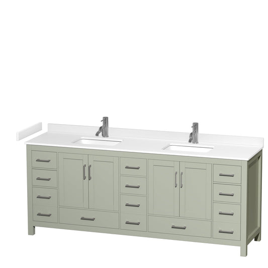 Wyndham Collection Sheffield 84" Double Bathroom Vanity in Light Green, White Cultured Marble Countertop, Undermount Square Sinks, Brushed Nickel Trim