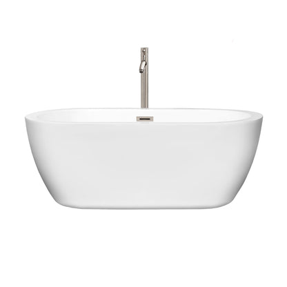 Wyndham Collection Soho 60" Freestanding Bathtub in White With Floor Mounted Faucet, Drain and Overflow Trim in Brushed Nickel