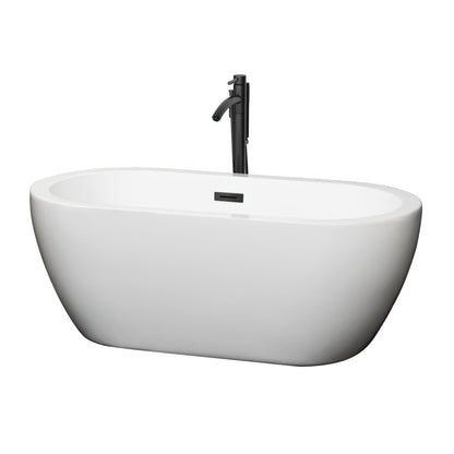 Wyndham Collection Soho 60" Freestanding Bathtub in White With Floor Mounted Faucet, Drain and Overflow Trim in Matte Black