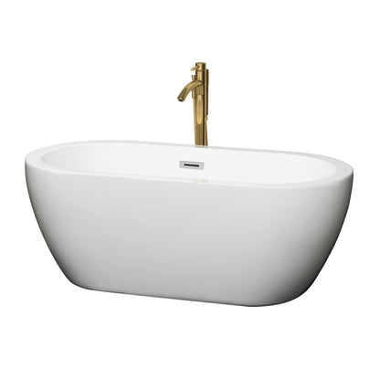 Wyndham Collection Soho 60" Freestanding Bathtub in White With Polished Chrome Trim and Floor Mounted Faucet in Brushed Gold