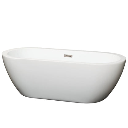 Wyndham Collection Soho 68" Freestanding Bathtub in White With Brushed Nickel Drain and Overflow Trim