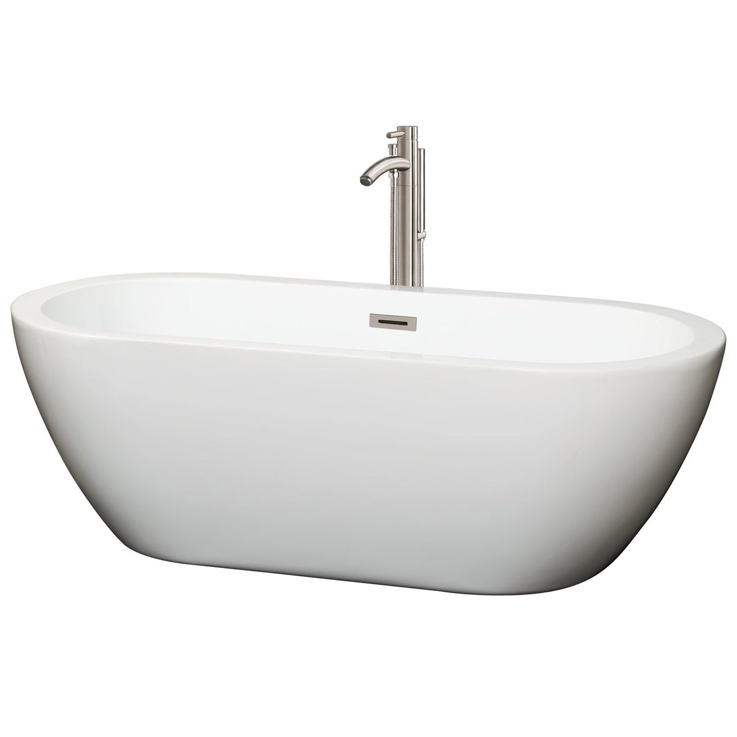 Wyndham Collection Soho 68" Freestanding Bathtub in White With Floor Mounted Faucet, Drain and Overflow Trim in Brushed Nickel