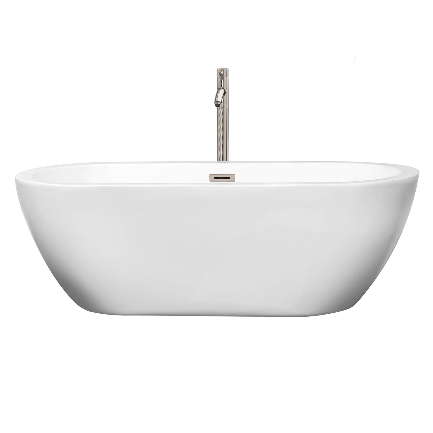 Wyndham Collection Soho 68" Freestanding Bathtub in White With Floor Mounted Faucet, Drain and Overflow Trim in Brushed Nickel