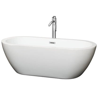 Wyndham Collection Soho 68" Freestanding Bathtub in White With Floor Mounted Faucet, Drain and Overflow Trim in Polished Chrome
