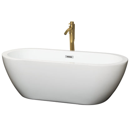 Wyndham Collection Soho 68" Freestanding Bathtub in White With Polished Chrome Trim and Floor Mounted Faucet in Brushed Gold