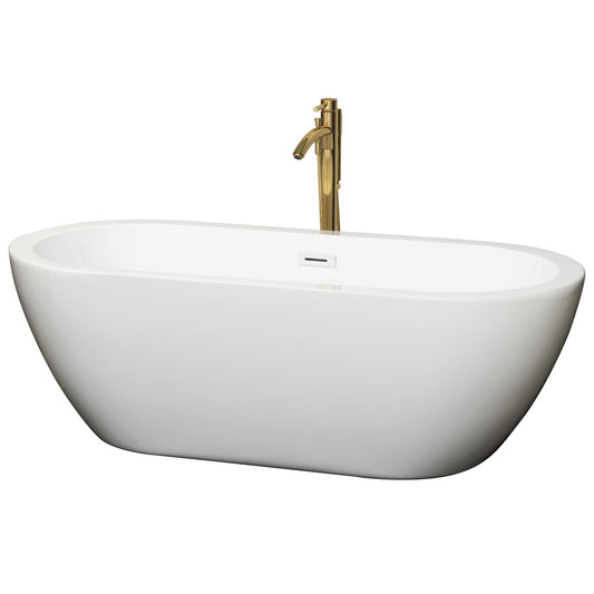 Wyndham Collection Soho 68" Freestanding Bathtub in White With Shiny White Trim and Floor Mounted Faucet in Brushed Gold