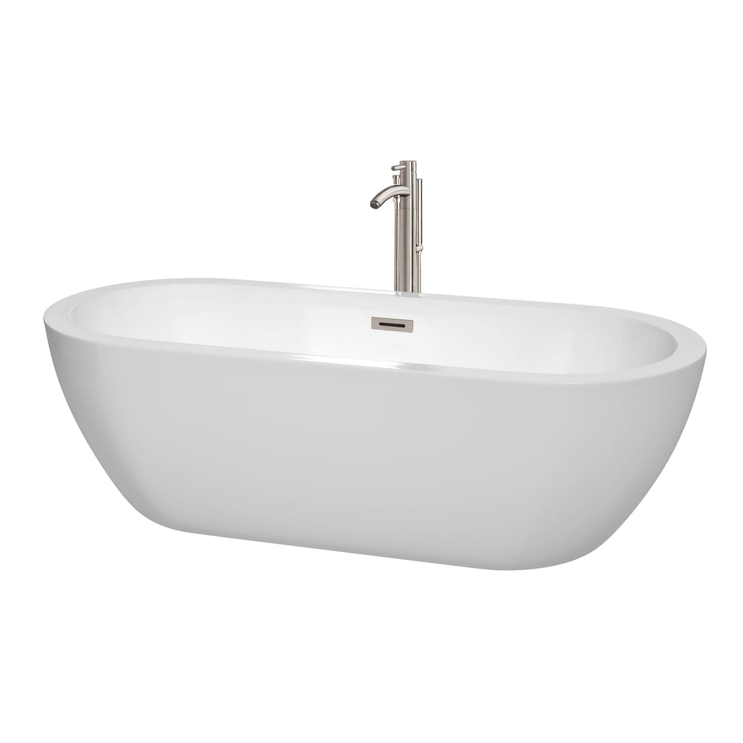 Wyndham Collection Soho 72" Freestanding Bathtub in White With Floor Mounted Faucet, Drain and Overflow Trim in Brushed Nickel