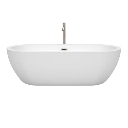 Wyndham Collection Soho 72" Freestanding Bathtub in White With Floor Mounted Faucet, Drain and Overflow Trim in Brushed Nickel