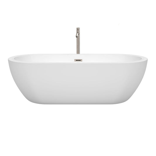 Wyndham Collection Soho 72" Freestanding Bathtub in White With Floor Mounted Faucet, Drain and Overflow Trim in Brushed Nickel