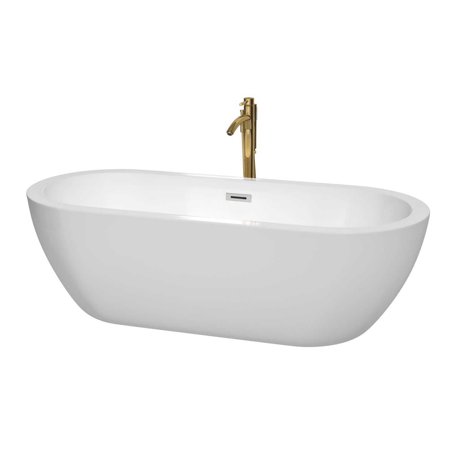 Wyndham Collection Soho 72" Freestanding Bathtub in White With Polished Chrome Trim and Floor Mounted Faucet in Brushed Gold