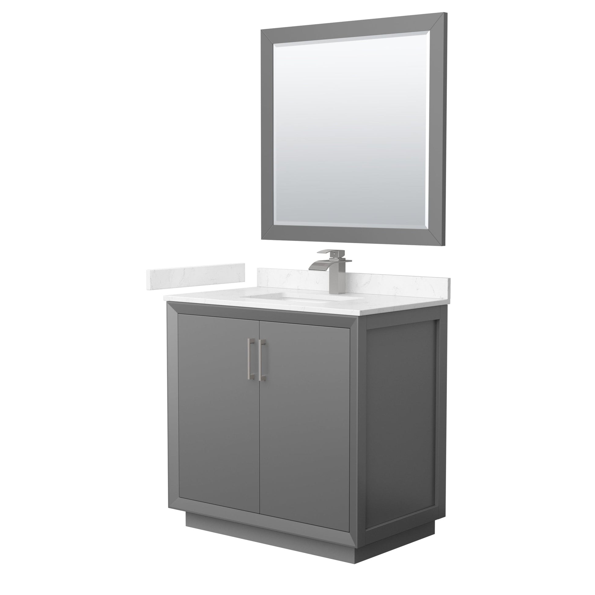 Wyndham Collection Strada 36" Single Bathroom Vanity in Dark Gray, Carrara Cultured Marble Countertop, Undermount Square Sink, Brushed Nickel Trim, 34" Mirror