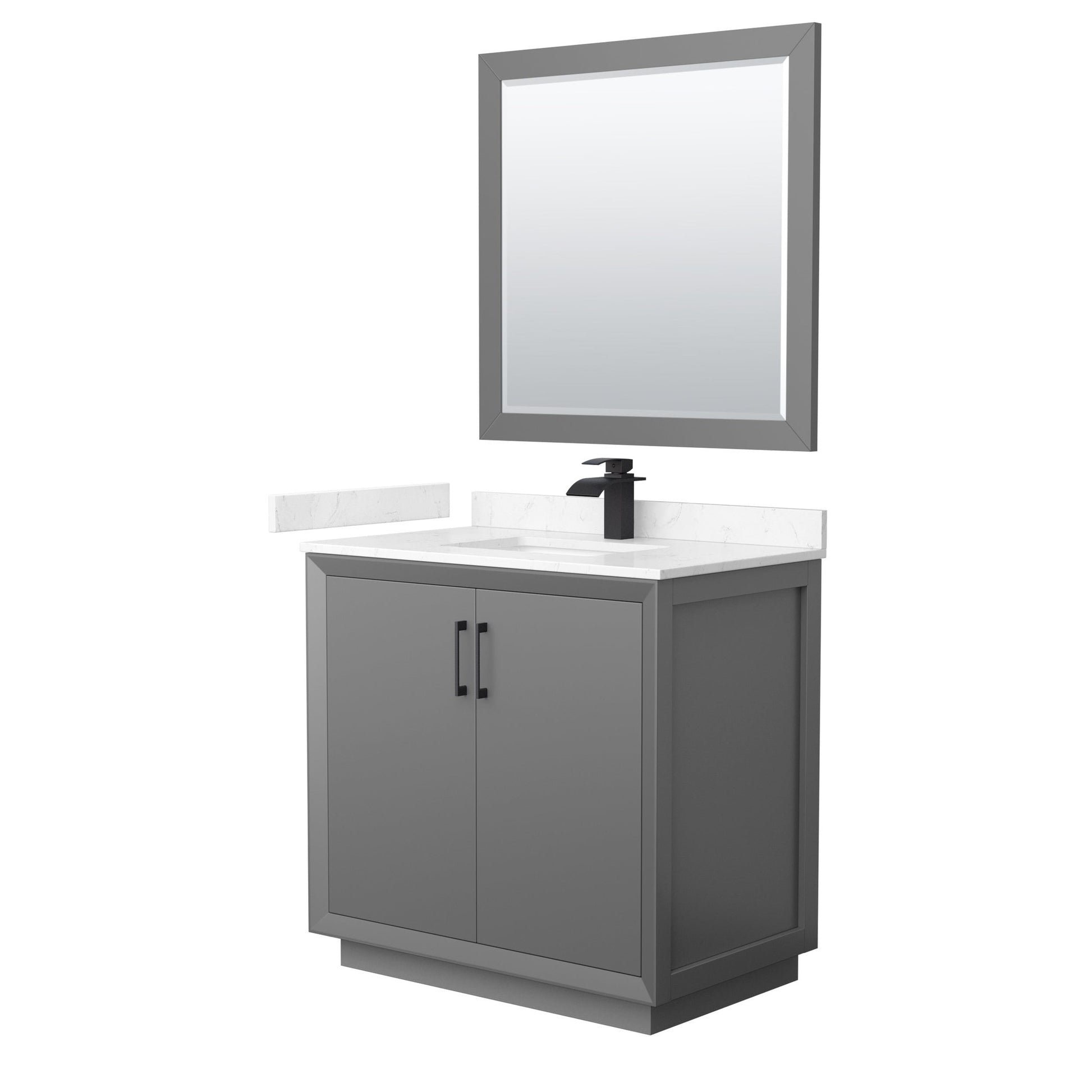 Wyndham Collection Strada 36" Single Bathroom Vanity in Dark Gray, Carrara Cultured Marble Countertop, Undermount Square Sink, Matte Black Trim, 34" Mirror