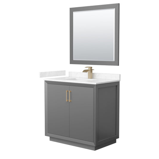 Wyndham Collection Strada 36" Single Bathroom Vanity in Dark Gray, Carrara Cultured Marble Countertop, Undermount Square Sink, Satin Bronze Trim, 34" Mirror