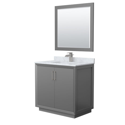 Wyndham Collection Strada 36" Single Bathroom Vanity in Dark Gray, White Carrara Marble Countertop, Undermount Square Sink, Brushed Nickel Trim, 34" Mirror