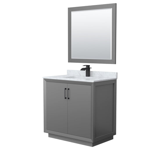 Wyndham Collection Strada 36" Single Bathroom Vanity in Dark Gray, White Carrara Marble Countertop, Undermount Square Sink, Matte Black Trim, 34" Mirror