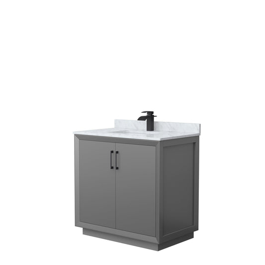 Wyndham Collection Strada 36" Single Bathroom Vanity in Dark Gray, White Carrara Marble Countertop, Undermount Square Sink, Matte Black Trim