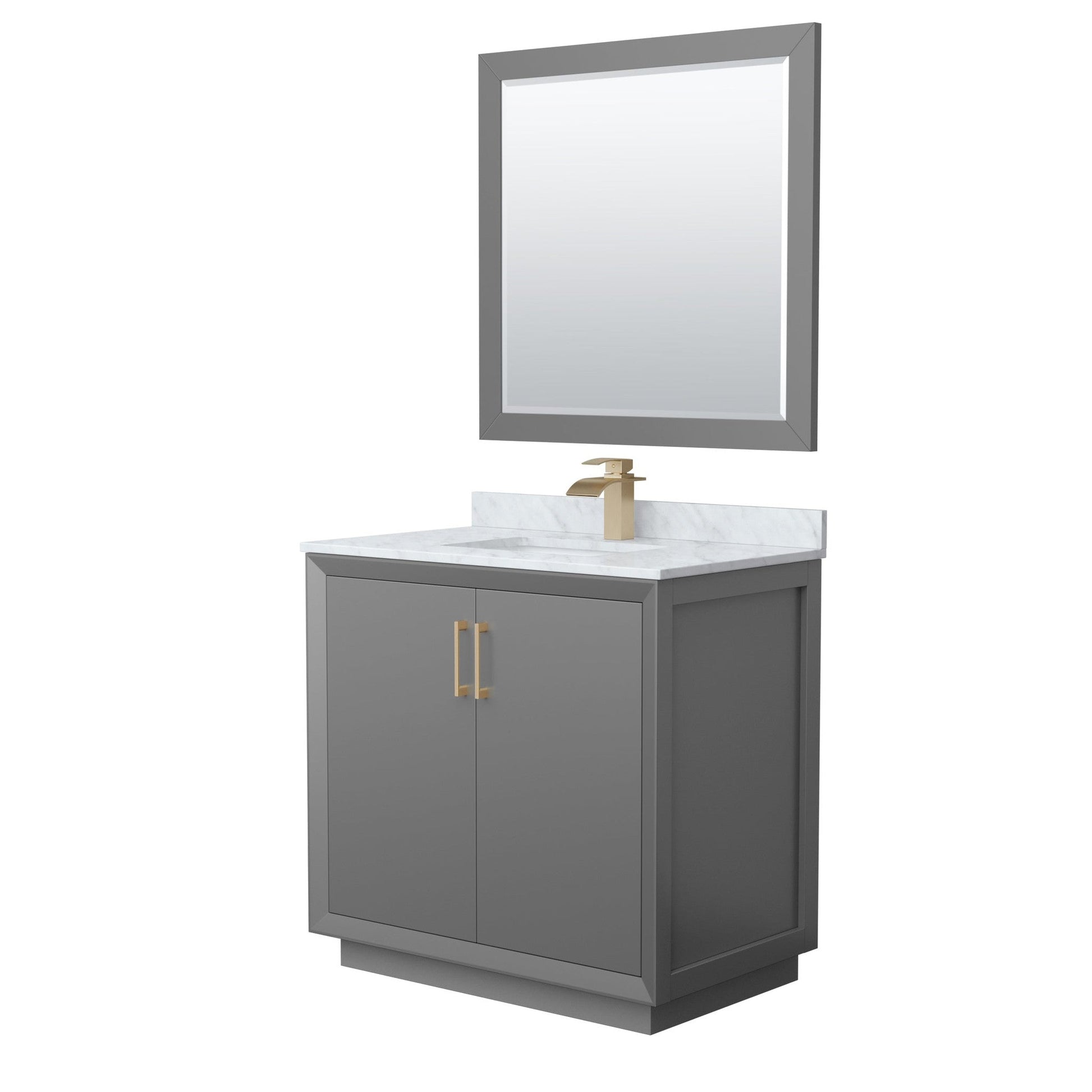 Wyndham Collection Strada 36" Single Bathroom Vanity in Dark Gray, White Carrara Marble Countertop, Undermount Square Sink, Satin Bronze Trim, 34" Mirror
