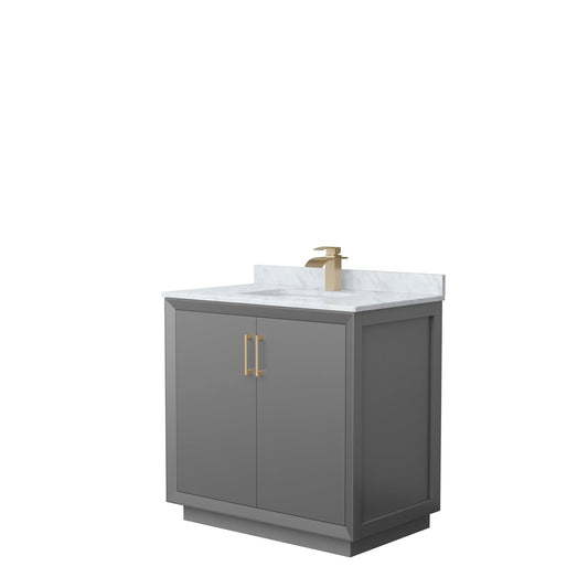 Wyndham Collection Strada 36" Single Bathroom Vanity in Dark Gray, White Carrara Marble Countertop, Undermount Square Sink, Satin Bronze Trim