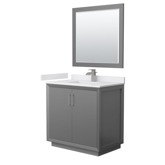 Wyndham Collection Strada 36" Single Bathroom Vanity in Dark Gray, White Cultured Marble Countertop, Undermount Square Sink, Brushed Nickel Trim, 34" Mirror