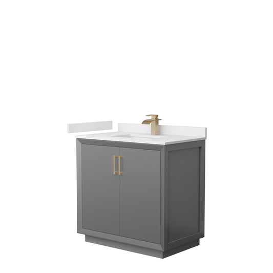 Wyndham Collection Strada 36" Single Bathroom Vanity in Dark Gray, White Cultured Marble Countertop, Undermount Square Sink, Satin Bronze Trim