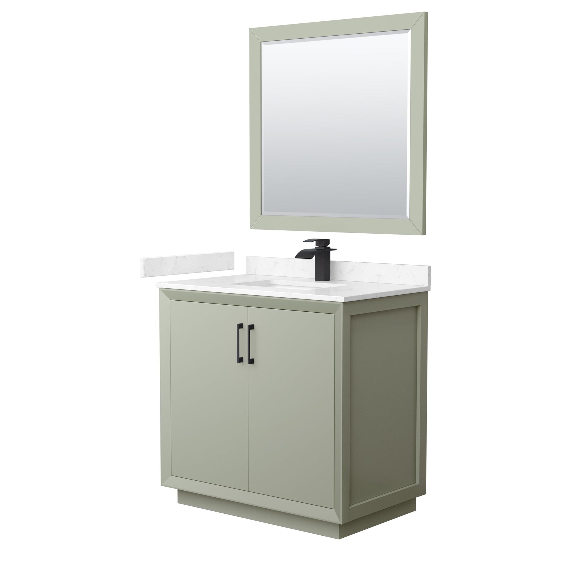 Wyndham Collection Strada 36" Single Bathroom Vanity in Light Green, Carrara Cultured Marble Countertop, Undermount Square Sink, Matte Black Trim, 34" Mirror