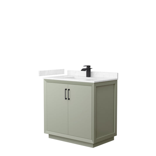 Wyndham Collection Strada 36" Single Bathroom Vanity in Light Green, Carrara Cultured Marble Countertop, Undermount Square Sink, Matte Black Trim