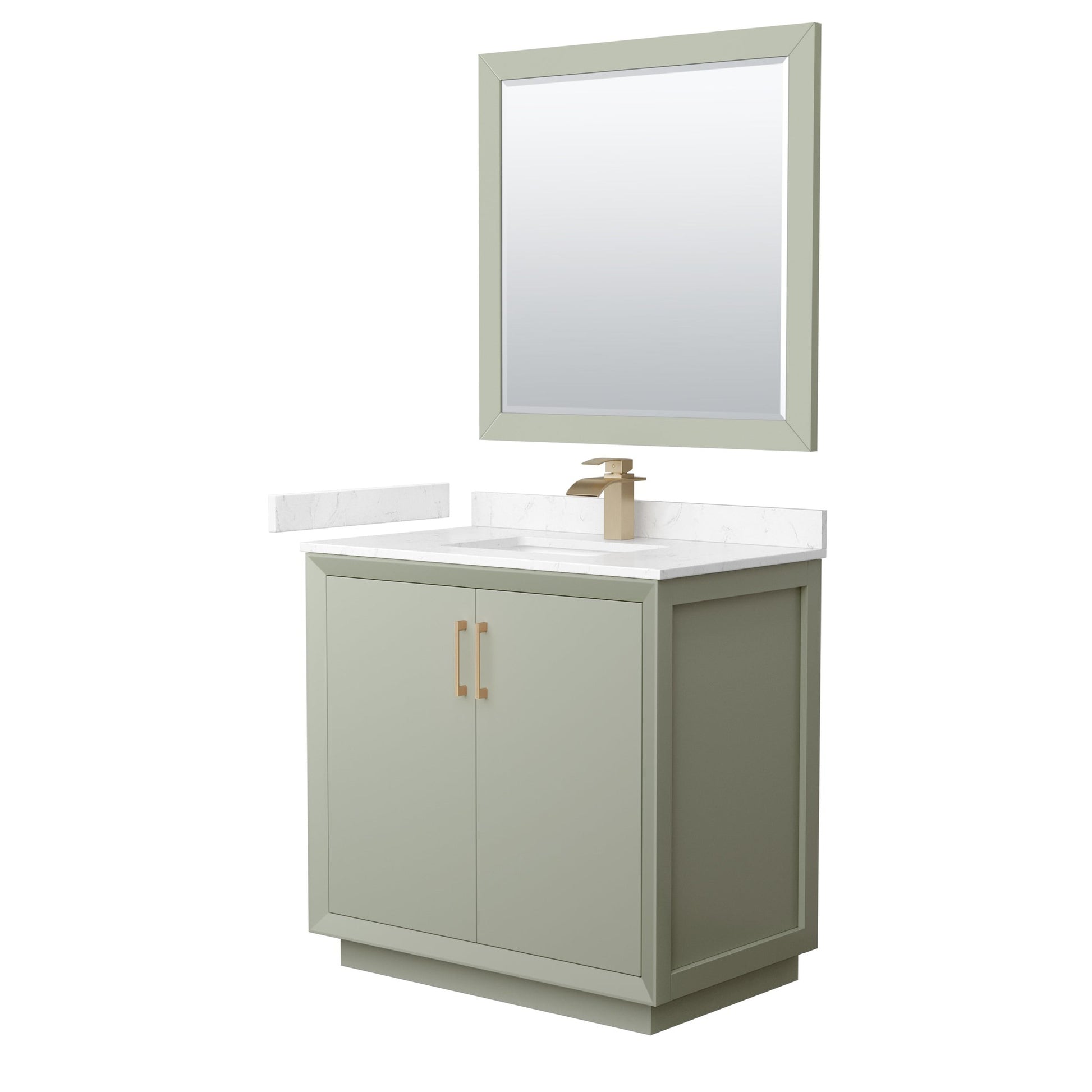 Wyndham Collection Strada 36" Single Bathroom Vanity in Light Green, Carrara Cultured Marble Countertop, Undermount Square Sink, Satin Bronze Trim, 34" Mirror