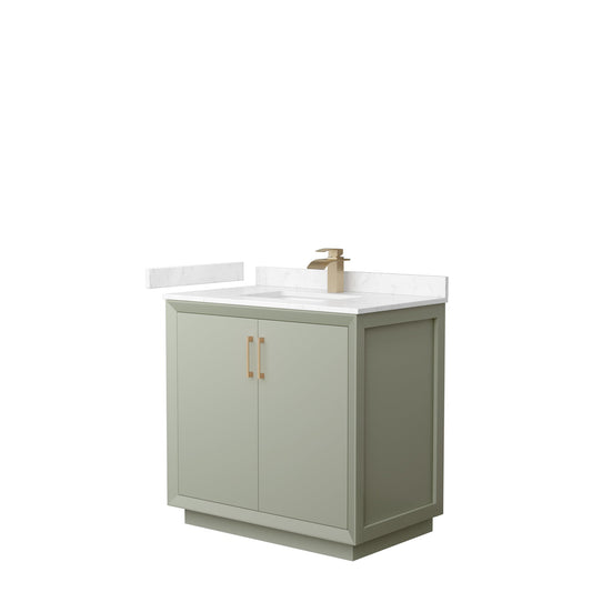 Wyndham Collection Strada 36" Single Bathroom Vanity in Light Green, Carrara Cultured Marble Countertop, Undermount Square Sink, Satin Bronze Trim